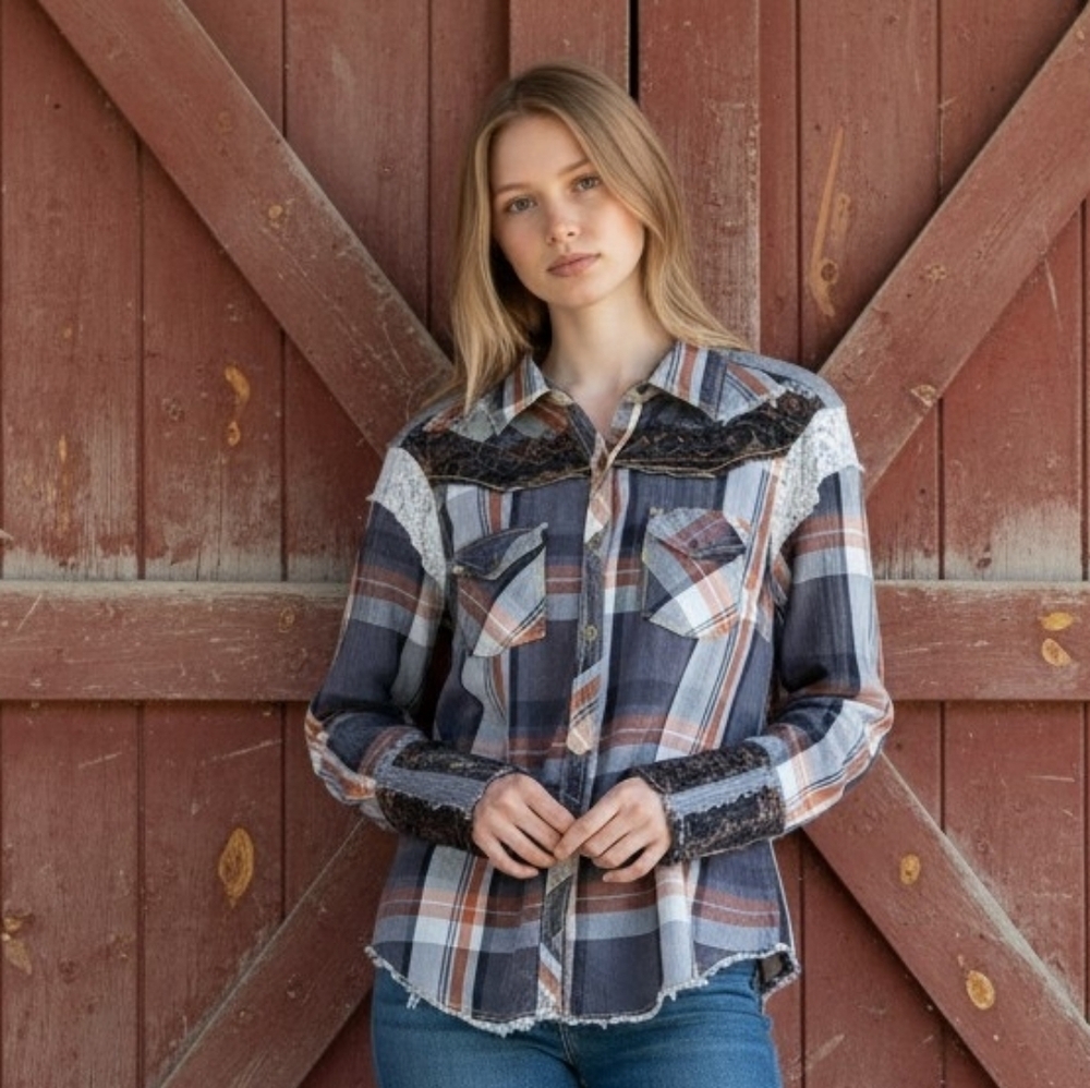 Buckle Gimmicks Distressed Plaid Button-Down Shirt in Gray, Brown, White